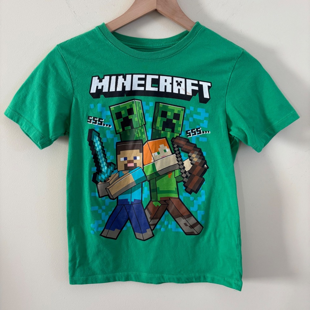 Minecraft Graphic Tee Green Kids Large 10/12 Fits Women XS Small Baby Tee